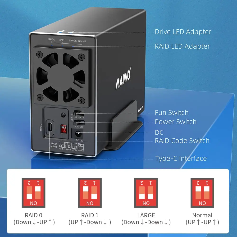 MAIWO 3,5 Zoll SATA RAID-Speichergehäuse Dual Bay Festplatten-Dockingstation zu USB3.1 Typ-C 10 Gbit/s unterstützt RAID 0/1 Modus – Detail 3