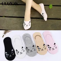 3 Pairs Womens Low Cut Boat Socks Cotton Breathable Soft Cartoon Cat Kawaii Girl Lady Invisible Sock Slippers Summer Fashion Sox