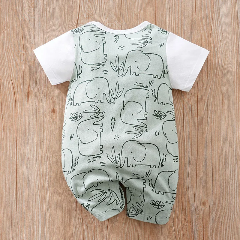 Summer Newborn Boys And Girls Cute Cartoon Strap Elephant Print Cotton Comfortable Short Sleeve Bodysuit