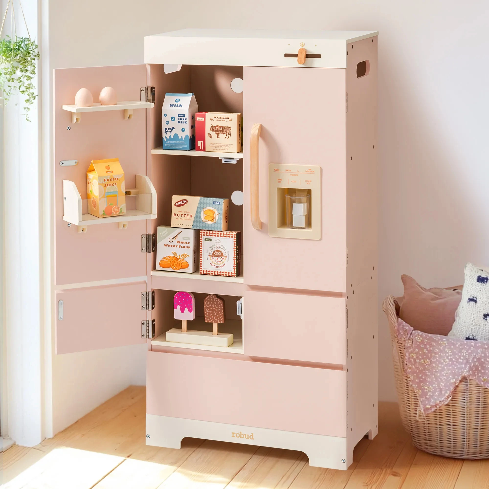 ROBUD – ensemble de jeu de cuisine en bois pour enfants, série rose, jouet Montessori, ensemble de jeu de simulation pour enfants âgés de 3 ans et plus