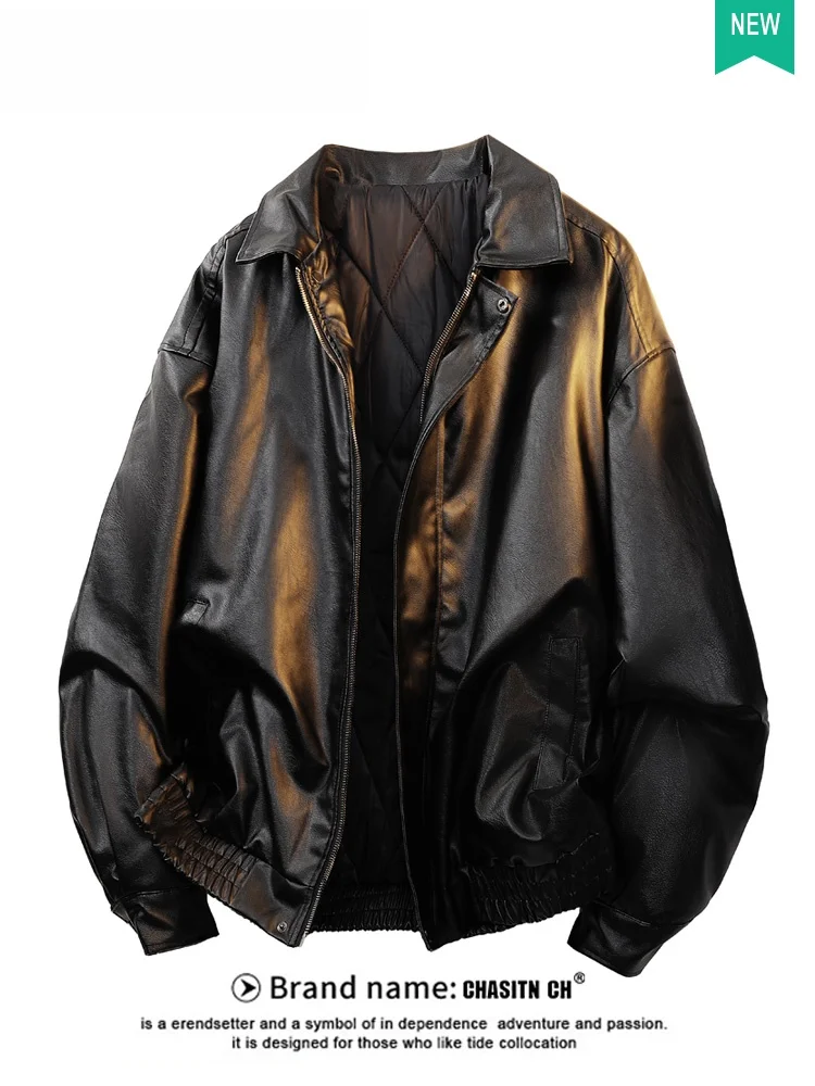 

Men's Winter Thiened PU Leather Cotton Jaet Motorbike Sle Faionable Casual Warm Zipper Closure Long Sve Coat