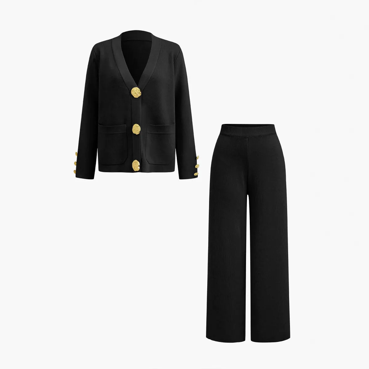 

European Casual Fashion Two-Piece For Women's Autumn And Winter Versatile Mal Buckle Knitted Cardigan Sweater Wide Leg Pants