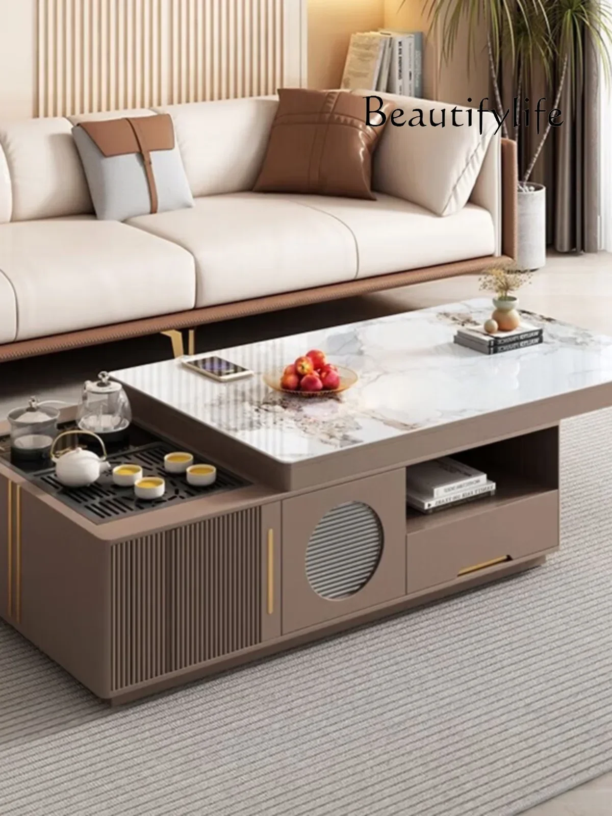 Telescopic smart tea table dining table integrated with kettle living room tea table rock slab