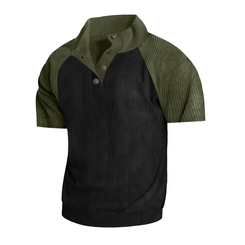 2024 Summer Casual Loose Corduroy Men's Polo Shirts Stand Collar Button-up T-Shirts for Men Colorblocked Short Sleeve Sweatshirt
