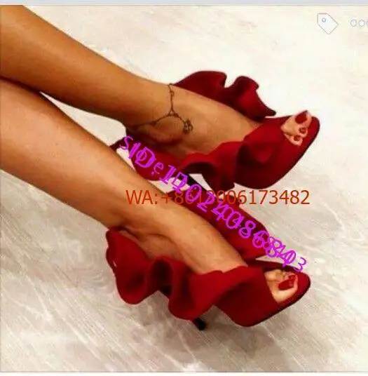 Slip On Ruffles Peep Toe Red Sexy Sandals Women Dress Thin High Heel Sandals Shallow Lady Design Shoes Party High Heel Sandals