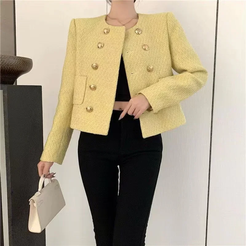 Veste en tweed jaune chic pour femme, double boutonnage, manteau en laine à col rond, dames, bureau, hiver, rue élégante, automne