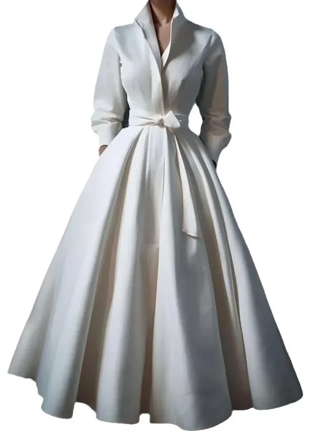 

Simple Stand up Collar Long V Neck Evening Gown Women's Long Sleeve Dress Elegant Natural Waist Polyester Fiber Dress