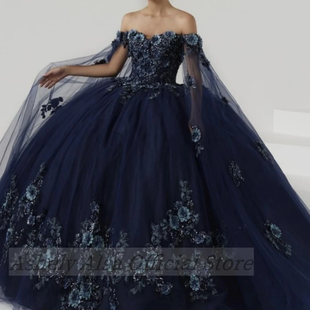 Customized Luxury Navy Blue Women Birthday Party Dress Off Shoulder Flower Ball Gown Vestidos De 15 Quinceañera Sweet 16 14 VX