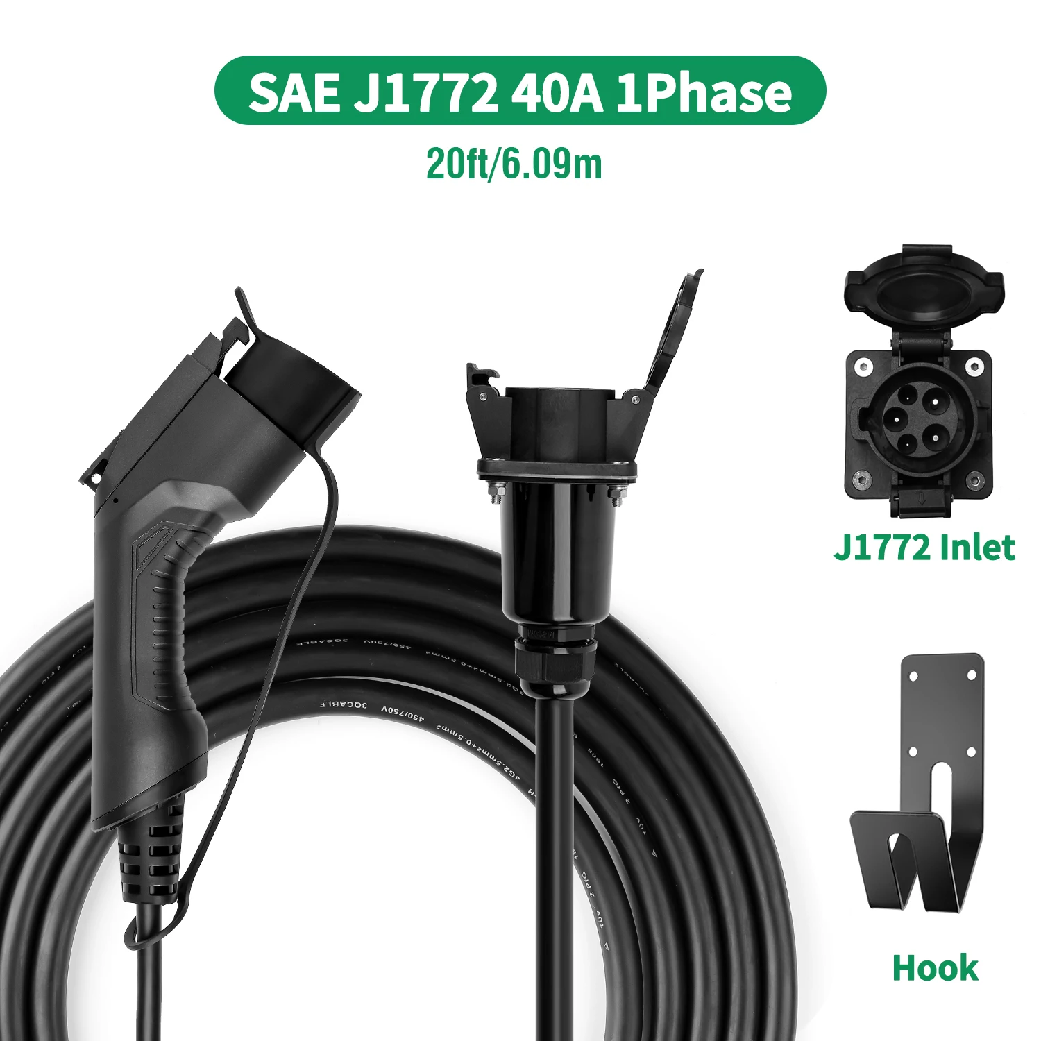 

1-фазный зарядный удлинитель для электромобиля, тип 1 SAE J1772, 40 А, автомобильный шнур для электрозарядной станции, кабели IP66 6,1 м