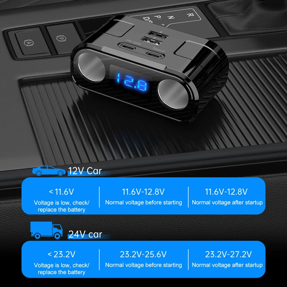 QC3.0 USB Car Charger 2 Type-C+2 USB Blue LED Digital Display 22W DC 12V-24V Dual USB Power Adapter Car Cigar Lighter Socket