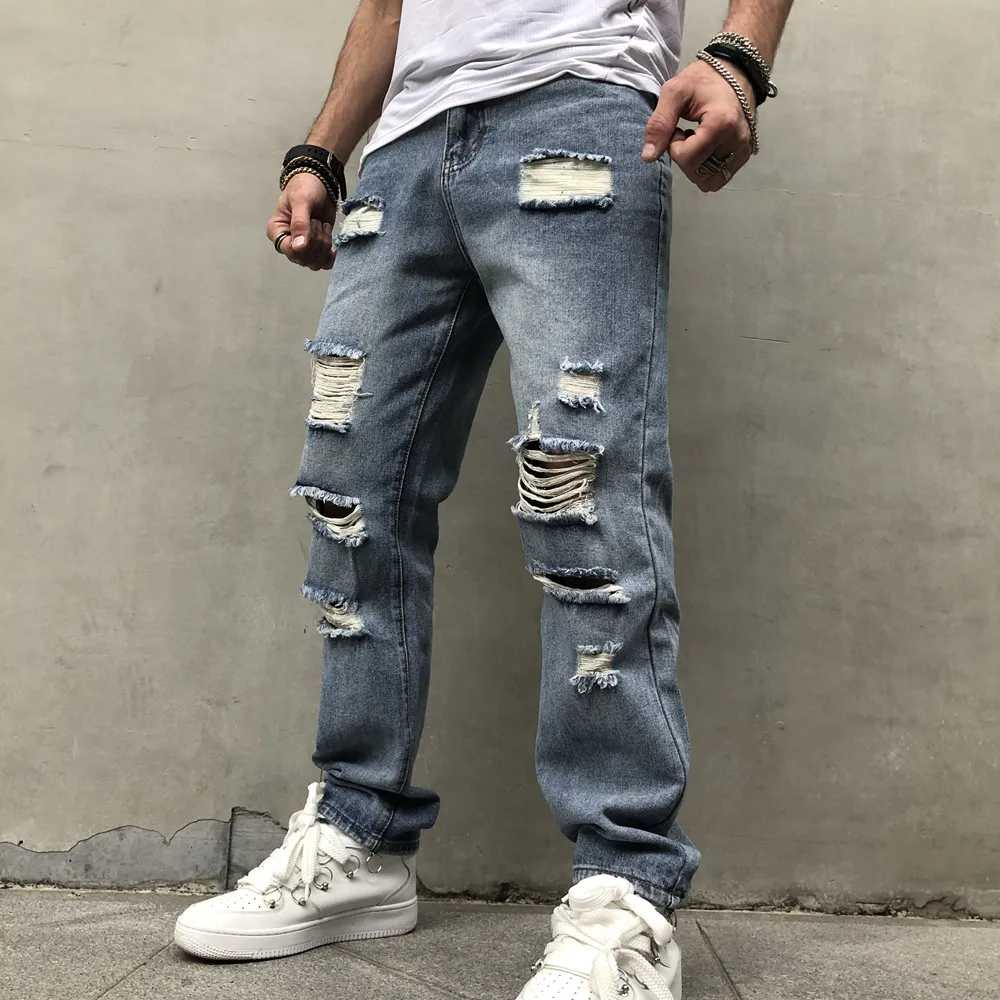 Stylish Simple Men Ripped Straight Loose Jeans For Men Casual Denim Pants Male Streetwear Trousers