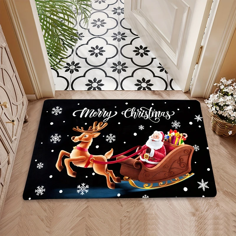 Festive Christmas Kitchen Rug Black Long Runner with Reindeer Floor Mat and Snowflakes Doormat Area Rug Design Home Decoration