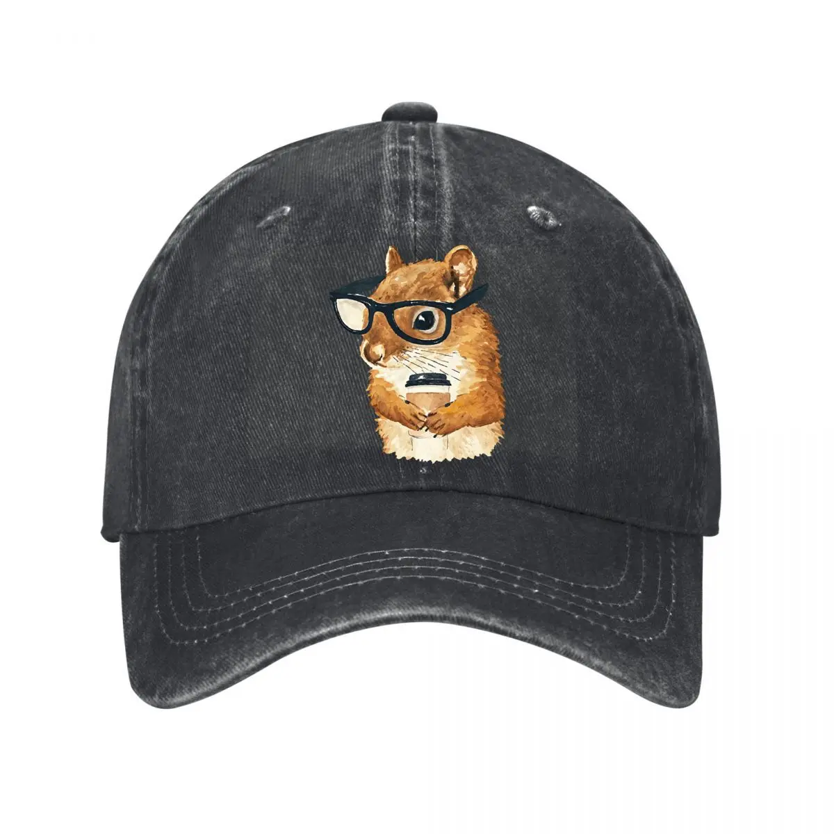 Watercolor Squirrel Wearing Black Glasses Portrait Graphic New Vintage Washed Cotton Baseball Cap Sun Hats