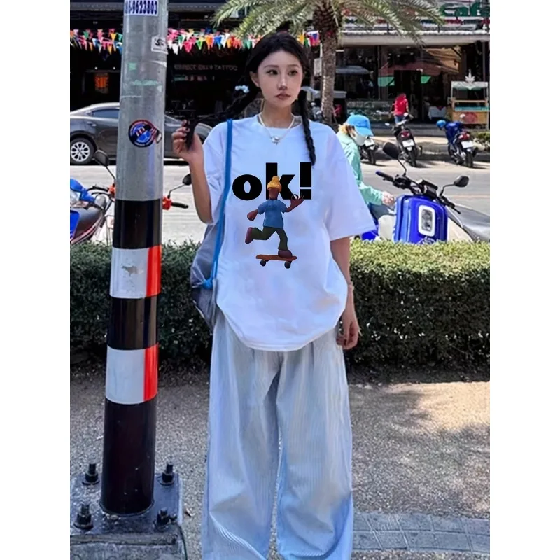 Y2K Retro Oversized Graphic T-Shirt - Summer Casual Streetwear Top with Skateboard Character & Bold Letter Print
