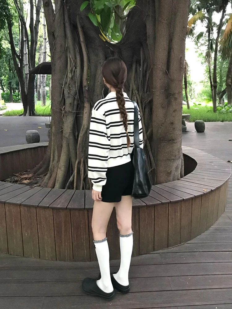 Korean Contrast Color Stripe Ne Long Sve T-irt Women's Autumn New Loose ort Sle College Wind Sweatirt