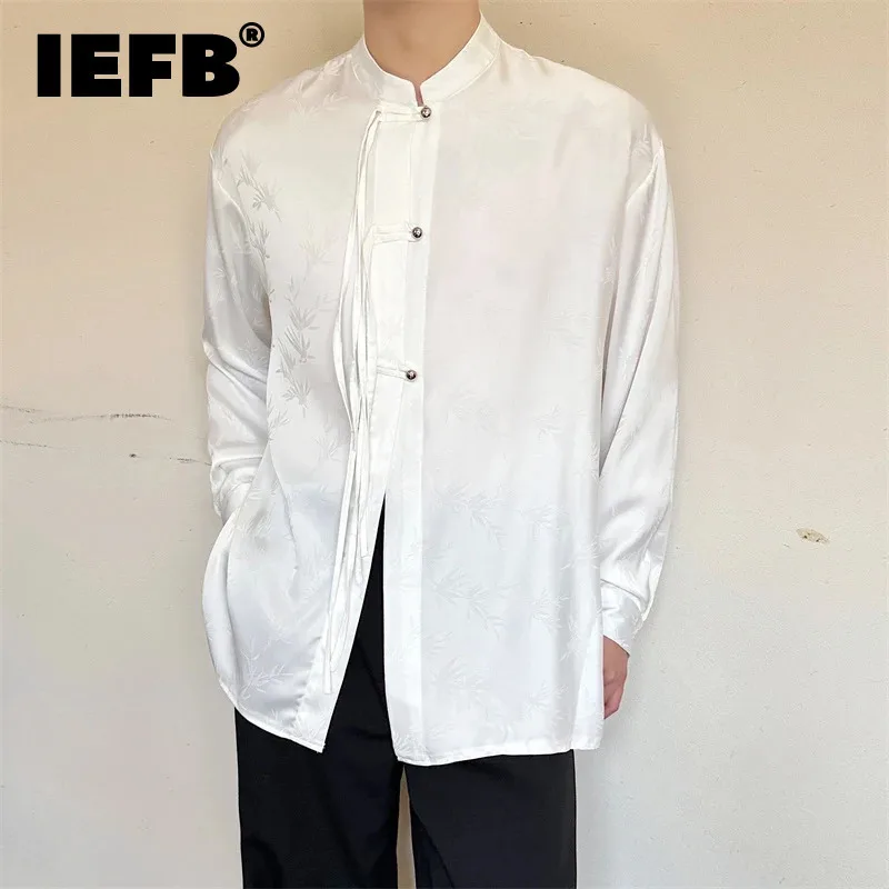 

IEFB Chinese Style Men's Shirt Jacquard New Fashion Side Slit Ribbon Autumn Long Sleeve Male Tops Casual Loose Shirts 9C5082