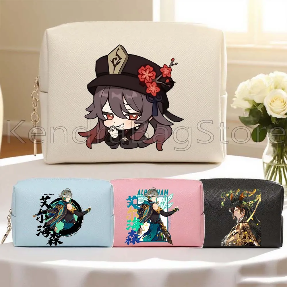 

Genshin Impact Anime Hu Tao Nilou Alhaitham Dori Gifts PU Leather Travel Cosmetic Bag Pouch Women Makeup Waterproof Storage Bag