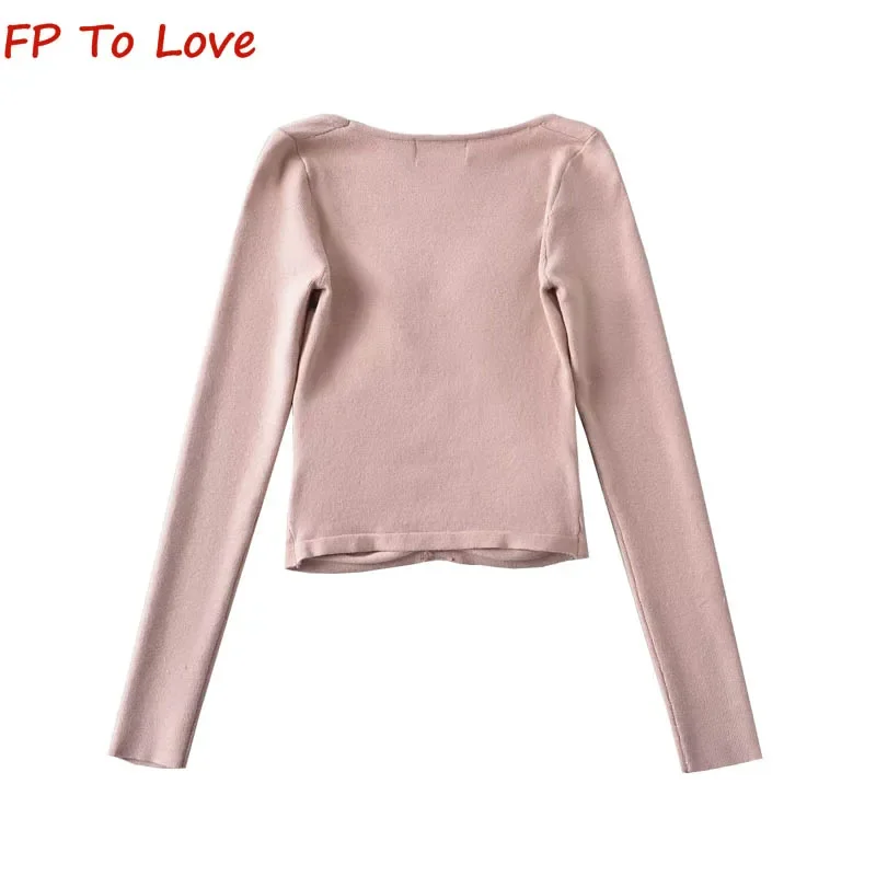 Square Neck Pullover Knit Inner T-Shirt Pleated Top Women's Long Sleeve Sweater 2024 Spring Short Bottom Shirt