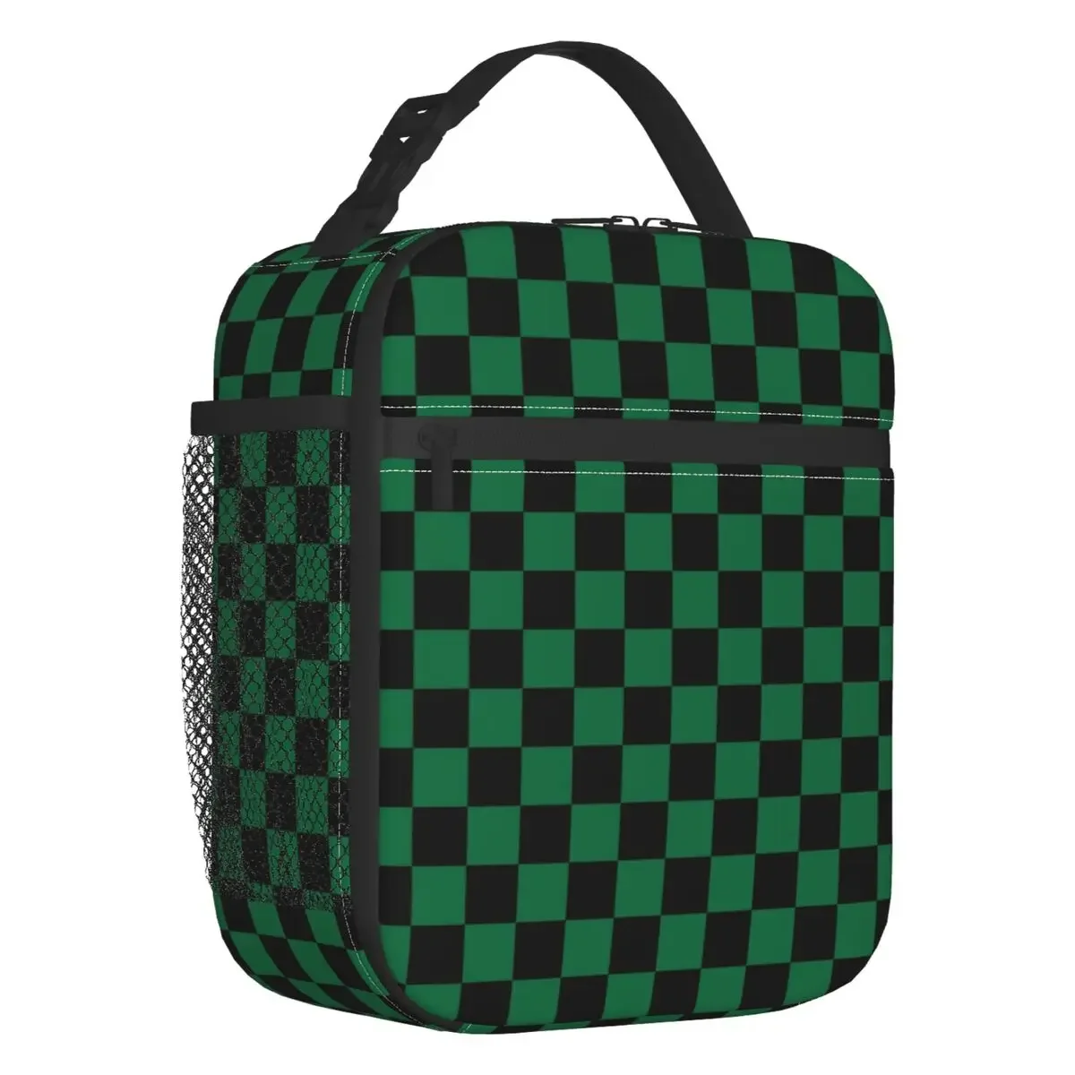 

Black And Cadmium Green Checkerboard Insulated Lunch Bag Leakproof Geometric Plaid Thermal Cooler Lunch Box Kids School Children