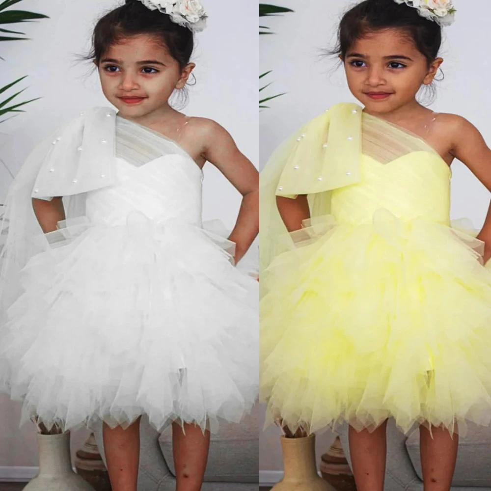 Lovely Baby Girls Flower Girl Dress White Pearls Ball Gown Tulle Tiers Vintage Kids Birthday Tutu First Communion Dresses