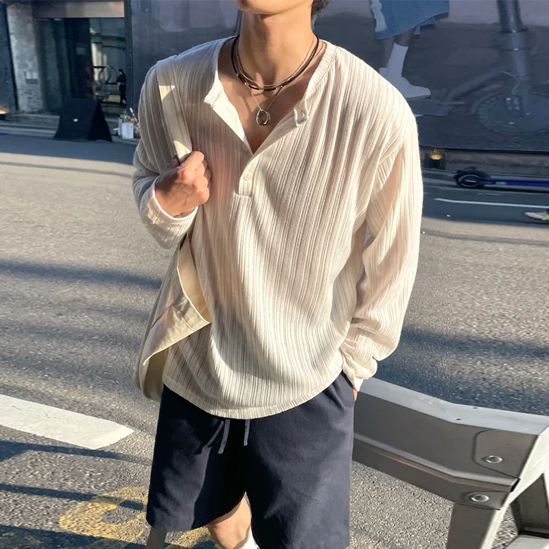 

Henry Collar Pit Striped Sunscreen Knitted Long-sleeved T-shirt Men's 2026 Summer Stretch Casual Knitted Sweater