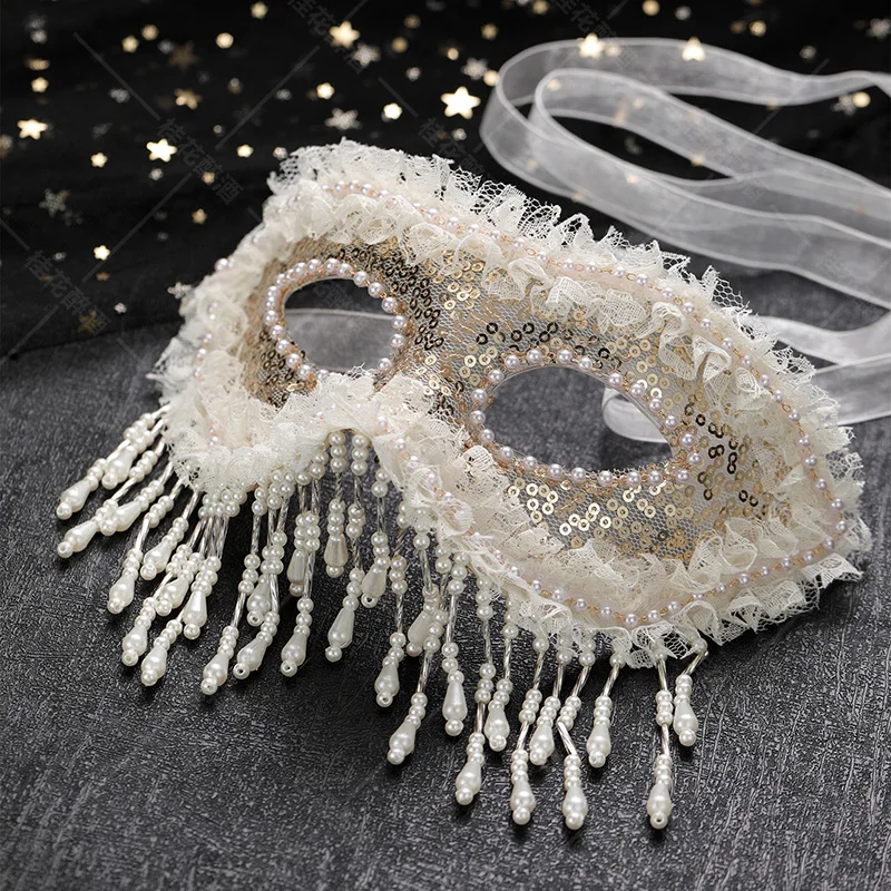 

Mask Golden Lace Pearl Pendant Half Face Female Adult Fancy Dress Ball Party Dance PropsExquisite Simple Photography Accessories