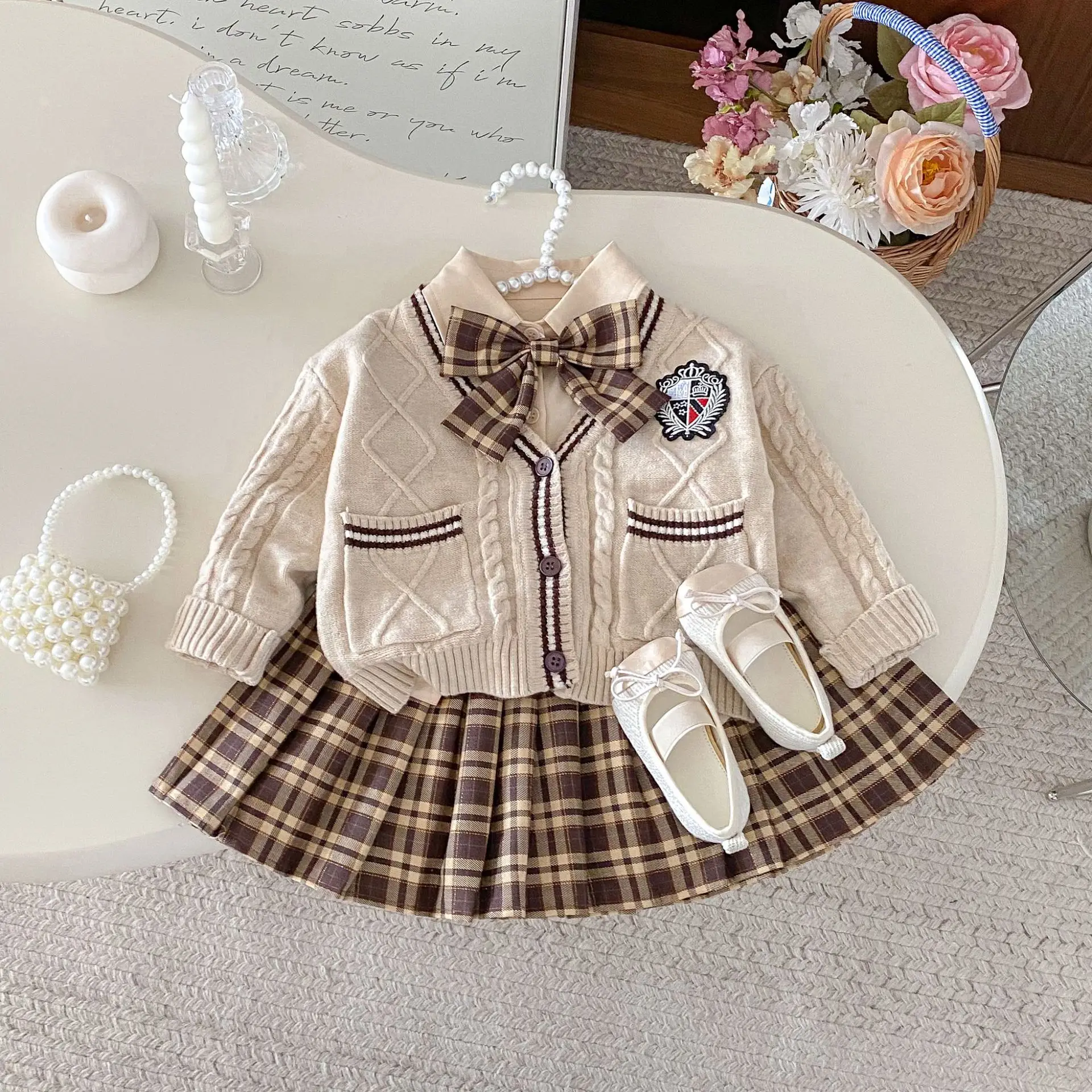 JK School Uniform Set 2025 Fall Girls Outfit Long Sleeve Blazer Knit Vest Plaid Skirt 3 Pieces
