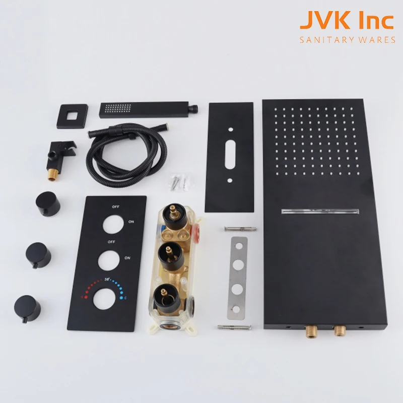 5 Way 2-mode Rainfall Shower Head Rainfall Thermostatic Bath Shower System Faucet Mixer Black Shower Set