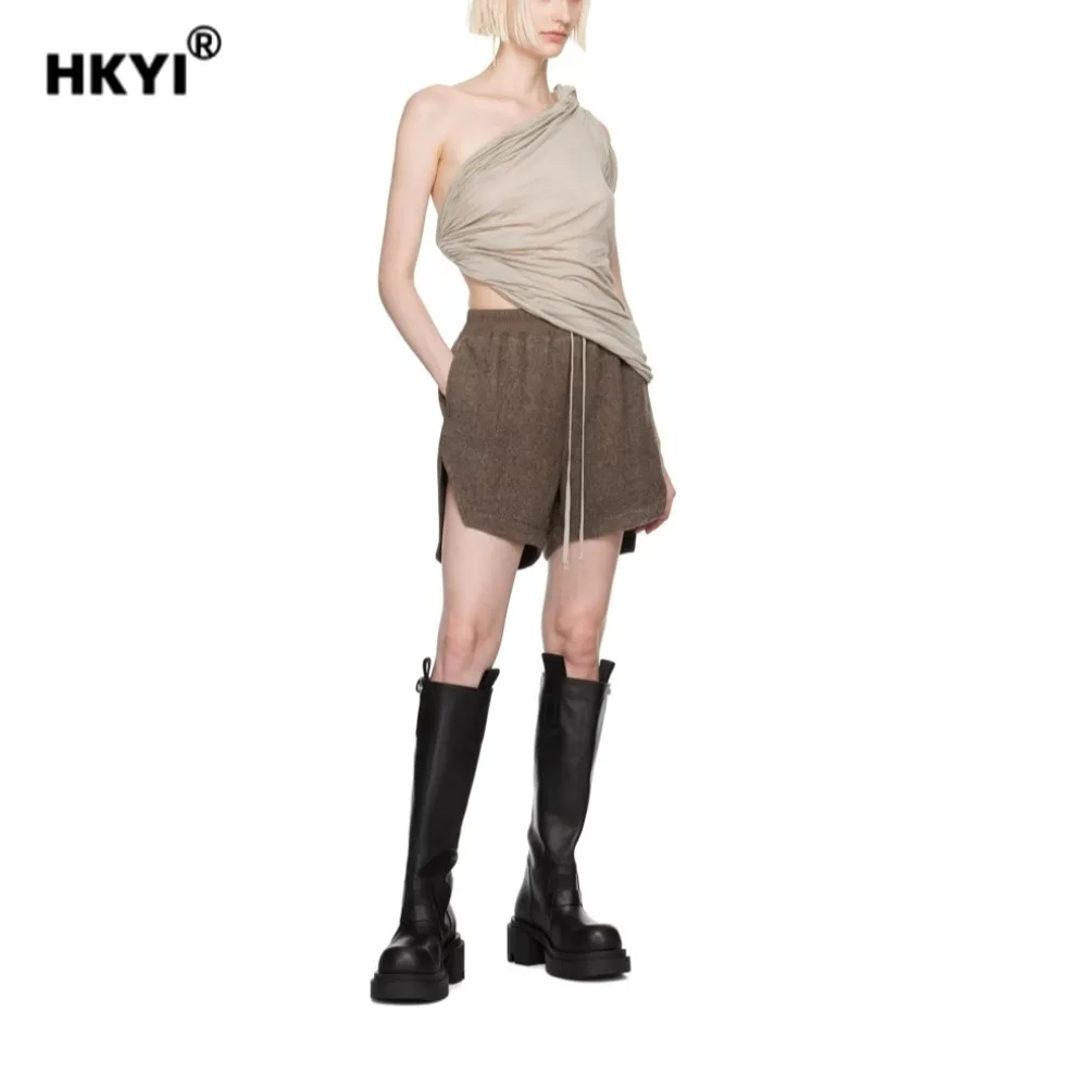 HKYI レディース ウール ショートパンツ、伸縮性ウエストバンドと巾着デザイン、カジュアルで多用途、カジュアルなショートパンツの感覚