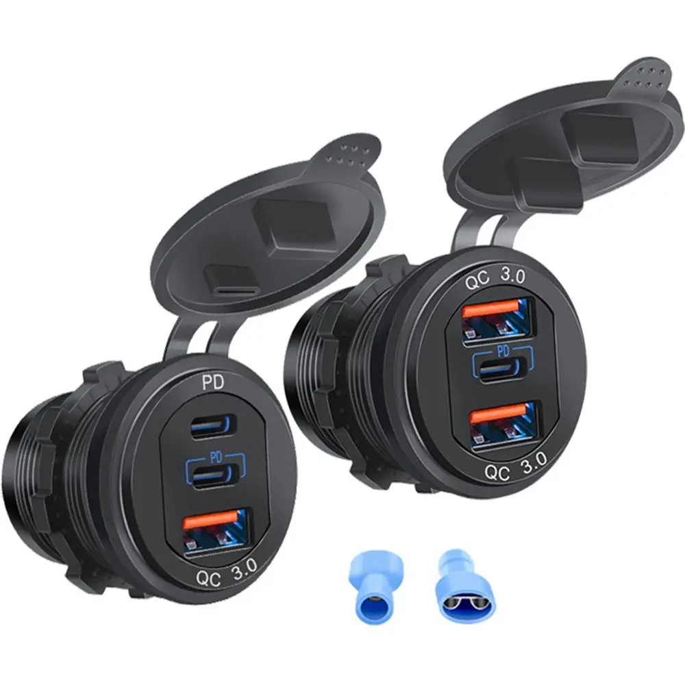 

Dual PD/QC Ports QC3.0 Car Charger Socket QC3.0+PD Fast Charging 12V/24V Car Moto Adapter Dust-proof Cover Waterproof
