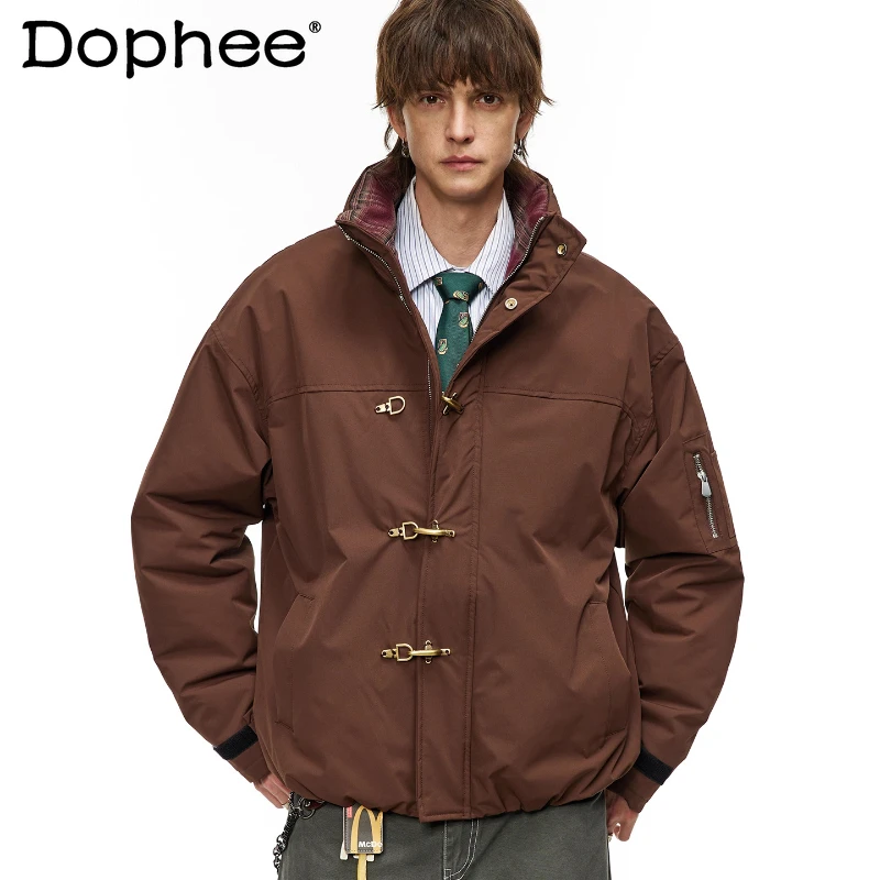 남녀공용 2025 겨울 신상 심플하고 따뜻한 두꺼운 트렌디한 단색 커플 코트 패션 에어플레인 버클 체크 스탠드 칼라 파카