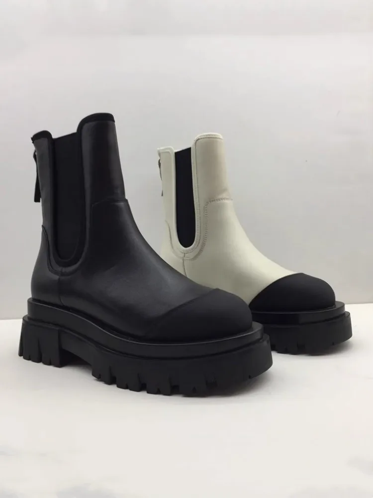 Kobiety splecione z prawdziwej skóry Chelsea Boots grube buty na platformie z okrągłym noskiem buty za kostkę nowe damskie krótkie buty na co dzień