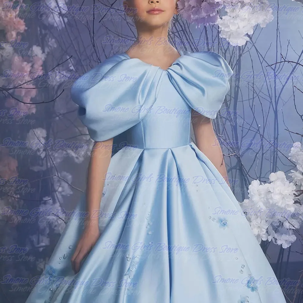 Flower decoration blue dress elegant cute and grand Flower Girl Dress for Birthday party Dance Performances Wedding Ceremonies