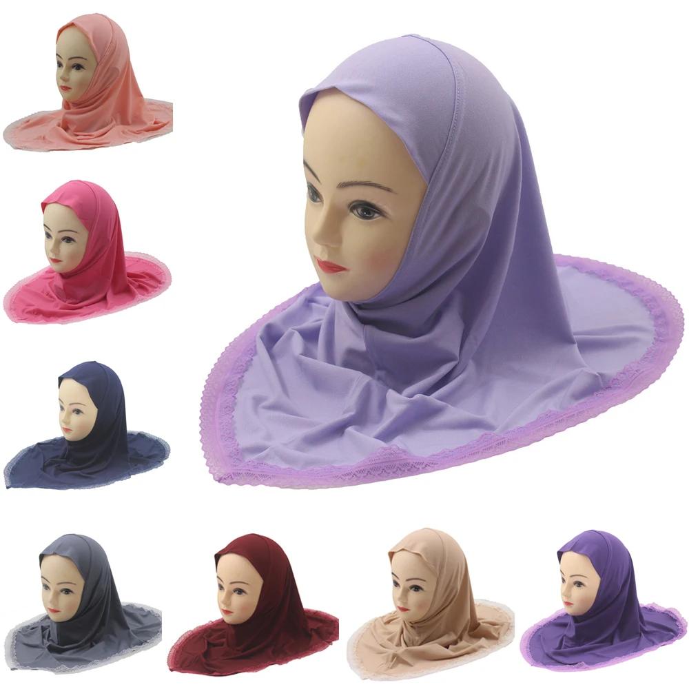 

One Piece Amira for 2-6 Years Old Kids Girls Instant Scarf Muslim Hijab Turban Lace Headscarf Islamic Pull On Prayer Hat Shawls