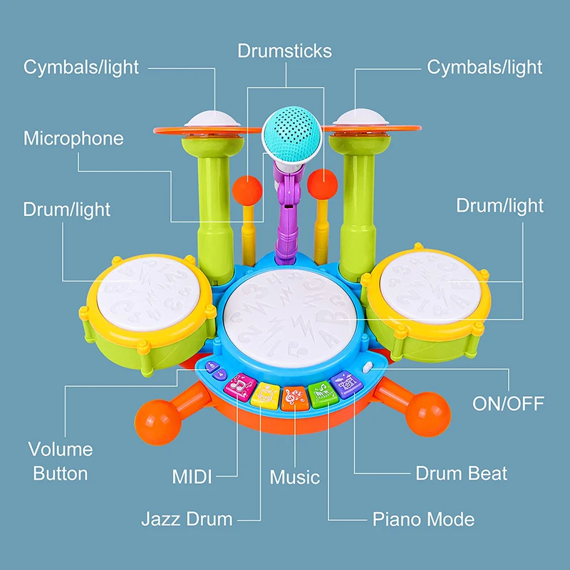 Bambini Drum Set Toddlers 1-3 strumenti educativi per bambini musicali giocattoli per bambini ragazza microfono attività di apprendimento regali