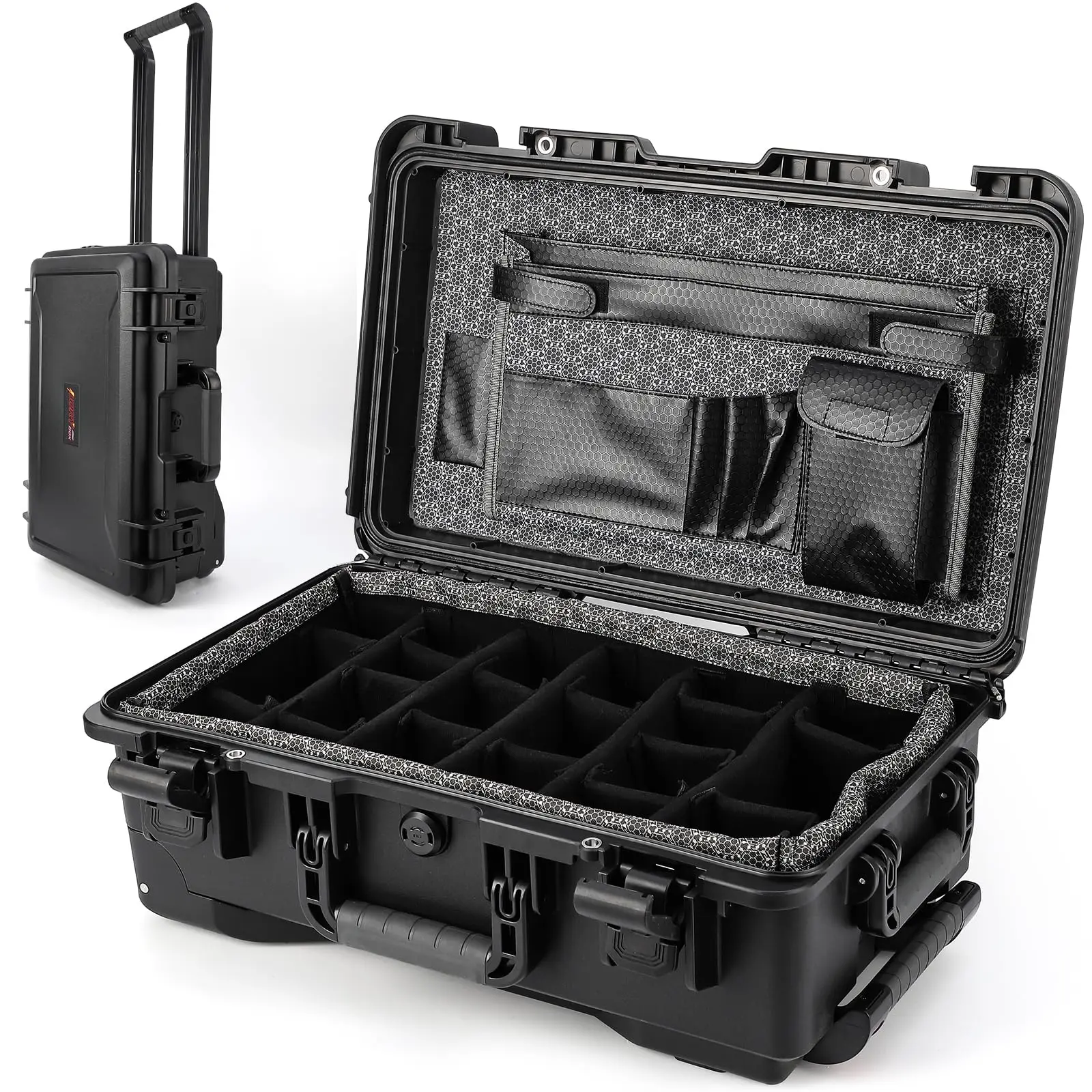 Heavy Duty Waterproof Camera Case for Diving and Outdoor Water Sports – Dustproof, Impact Resistant Dry Box with Padded Dividers, Wheels
