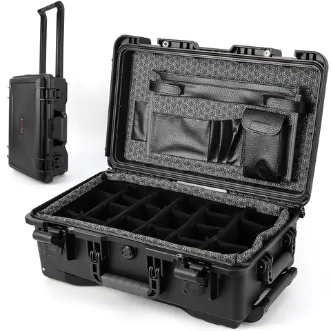 Heavy Duty Waterproof Camera Case for Diving and Outdoor Water Sports – Dustproof, Impact Resistant Dry Box with Padded Dividers, Wheels