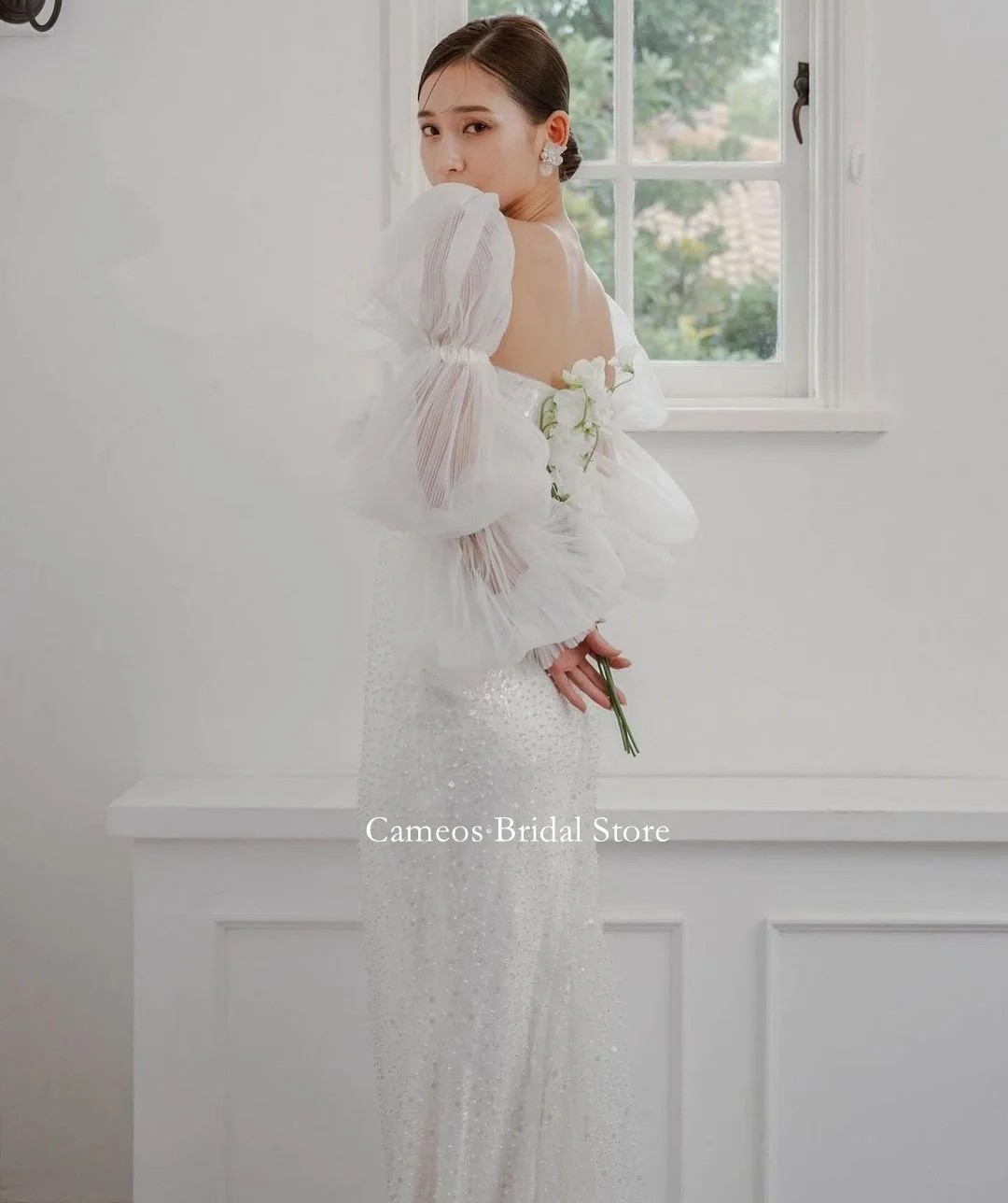 SONDR Korea White Wedding Dress Customized Sequined Classic Mermaid Bride Dresse Long Unique Sleeve 웨딩드레스  Wedding Gown Bridal