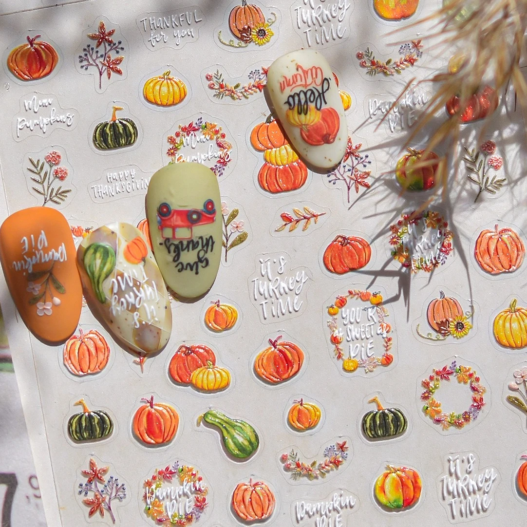 

Harvest Fruits Fallen Leaves Pumpkin Apple Ladybug Mushroom Vase Maple Ginkgo Leaf Deer Fox Nail Art Stickers Manicure Decals
