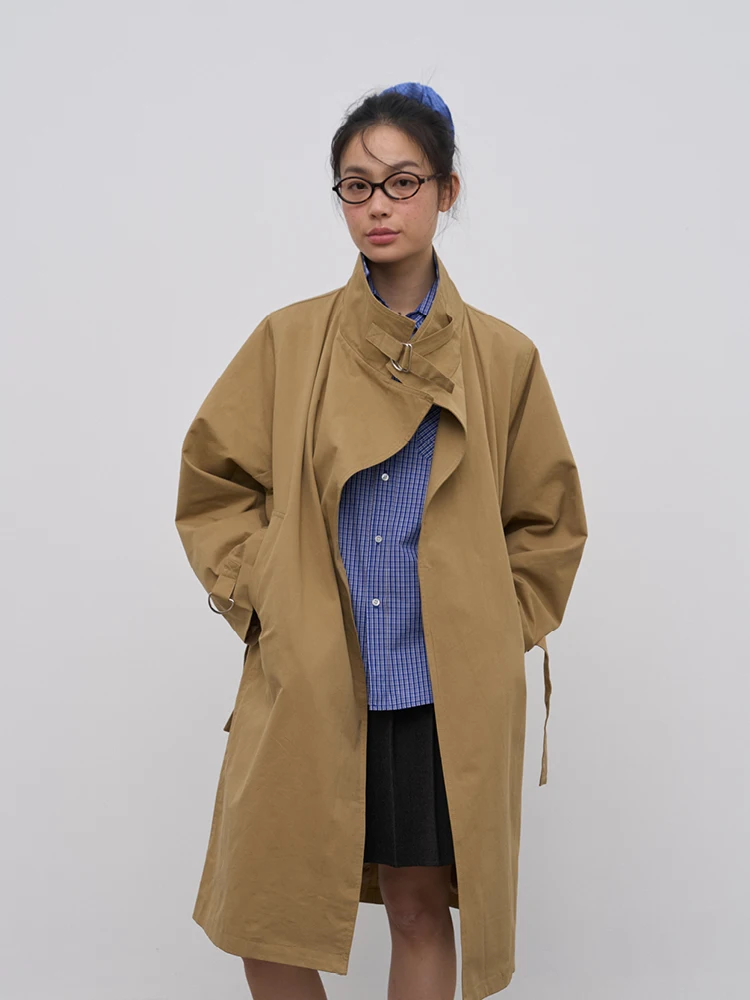 

Rebornique, новинка 2025, корейское длинное пальто цвета хаки с воротником-стойкой, свободная верхняя одежда средней длины, трапециевидной формы, весенняя мода