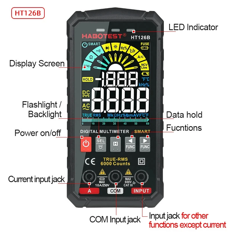 HT126B 6000 Counts Smart Multimeter Auto Recognition DC/AC Voltage/Resistance/Continuity Ohm HZ Diode Live Electrician Meter