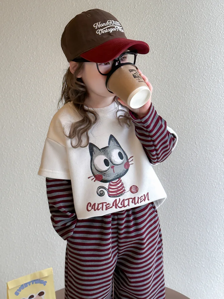 Spring Autumn Baby Girls Outfit Cartoon Cat Long Sleeve Crew Neck Sweatshirt +Elastic Waist Pants 2pcs Suit Children Tracksuits