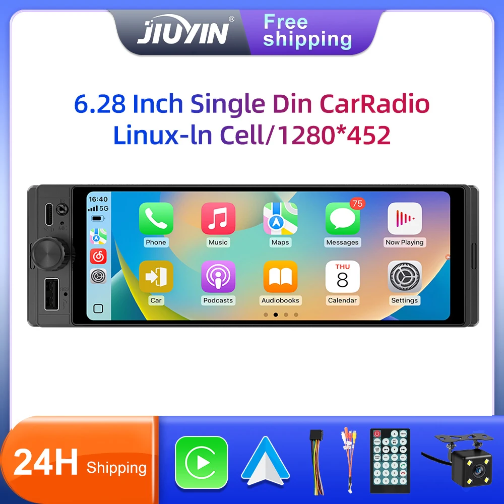 1DIN Universal MP5 6.28-Inch Car Radio IPS Wireless Carplay Android AUTO AUX USB SWC BT Touch Screen Multimedia Video Player