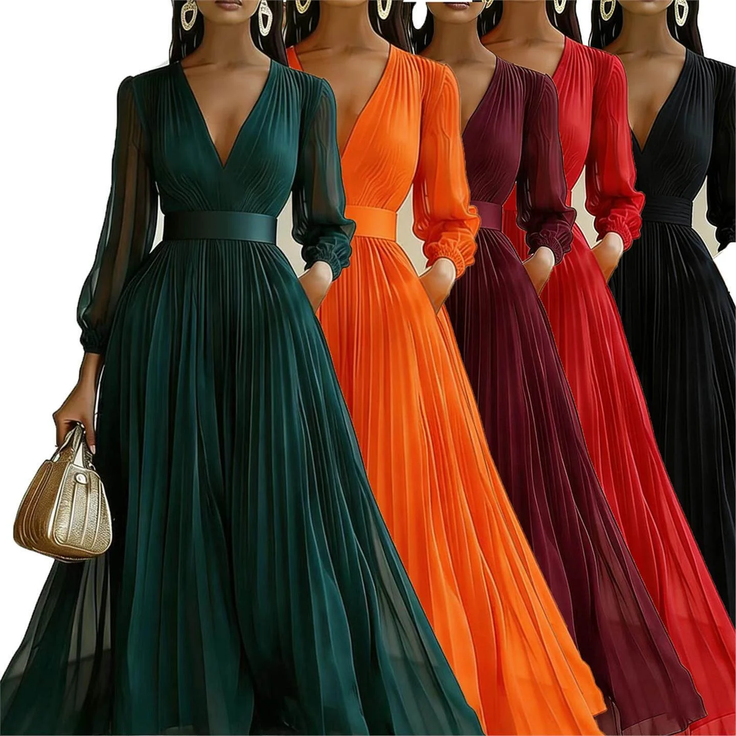 

Elegant V-Neck Long Sleeve Pleated Wrap Skirt Chiffon Dress Women Spring Summer High Waist A-Line Long Dress Fashionable