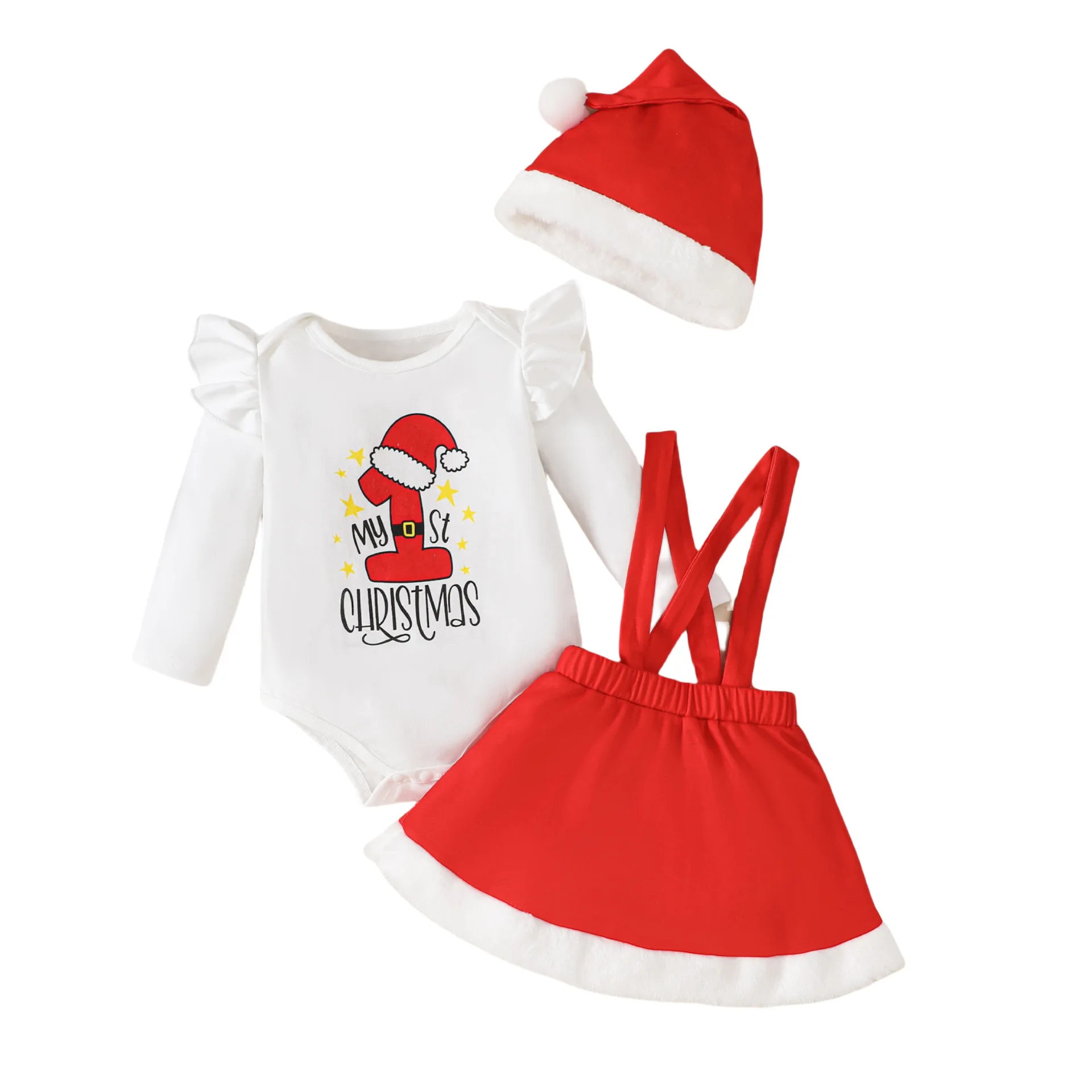 Christmas Infant Patchwork Kids Baby Girl’s Solid Bodysuit Suits Baby's 1st Christmas Jumpsuit and Mini Skirt Set with Santa Cap