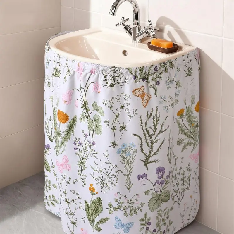 VIKAMA Wild Floral Butterfly Pedestal Sink Skirt Elastic Bathroom Sink Cabinet Cover Farmhouse Bathroom Decor Curtain