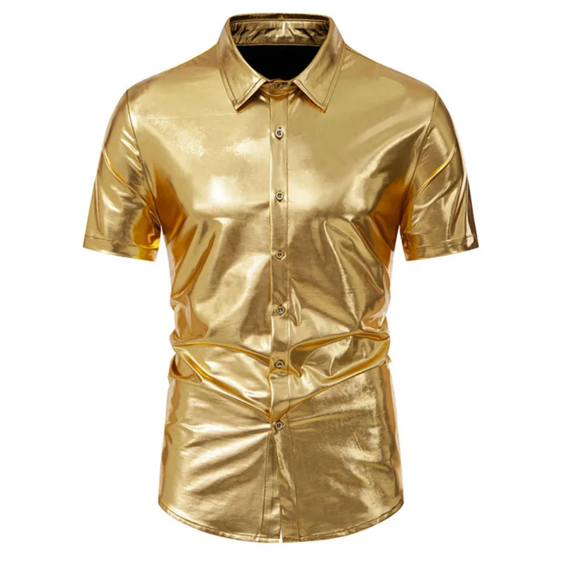 #4625 Summer Short Sleeve Men\'s Shirts Loose Gold Silver Shinny Surface Streetwear Dance Hip Hop Shirts Man Turn-down Collar