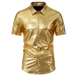 #4625 Summer Short Sleeve Men's Shirts Loose Gold Silver Shinny Surface Streetwear Dance Hip Hop Shirts Man Turn-down Collar