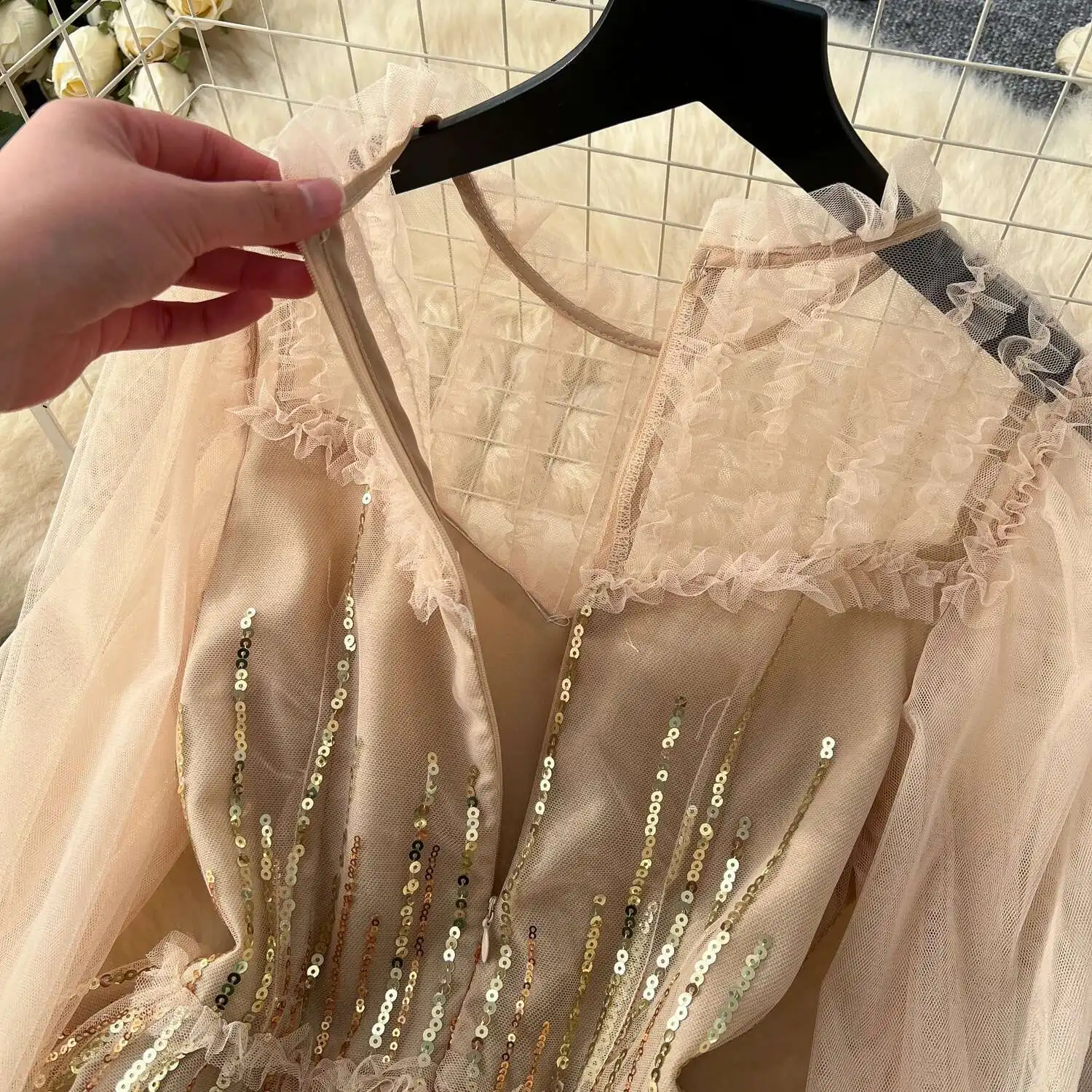 女性メッシュイブニングパーティードレス春夏スパンコール刺繍立体レース長袖ドレスヴィンテージロングローブ