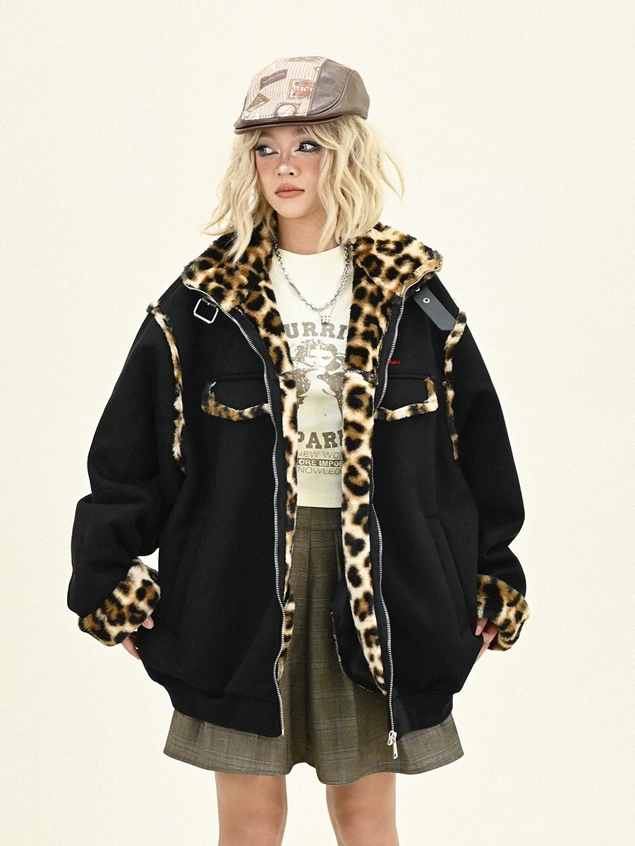 Suede Leopard Print Splicing Parkas Women's 2024 Winter New Loose Bf American High Street Thickened Jackets